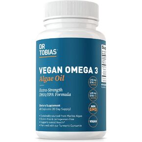 Dr. Tobias Vegan Omega 3 Algae Oil, 1400mg Vegan Omega 3 Supplement with Extra-Strength Vegan DHA EPA, Non-GMO, Gluten-Free, Marine Algae Omega 3 Vegan, 420mg DHA & 210mg EPA, 60 Capsules, 30 Servings
