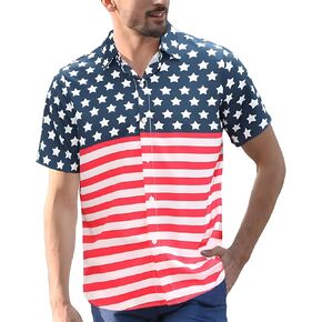 4th of July Men's Button Down Shirts American Flag Bowling Shirts USA Patriotic Blouses Aloha Shirt
