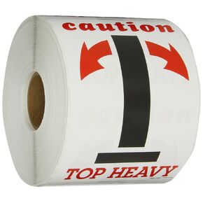 Aviditi Tape Logic 4" x 6", Caution Top Heavy" Red/White/Black Arrow Warning Sticker, for Shipping, Handling, Packing, and Moving (1 Roll of 500 Labels)