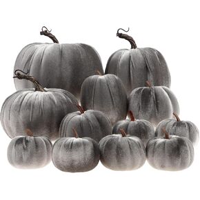 Gresorth 12pcs Large Artificial Cloth Assorted Pumpkins Sets Fake Decoration Handmade Fall Harvest Plaid Fabric for Home Farmhouse Halloween Thanksgiving - Champagne