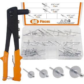 ISPINNER 60pcs Large Flange Aluminum Blind Rivets Assortment Kit with Heavy Duty Hand Riveter Rivet Gun Tool 1/8" 5/32" 3/16" Pop Rivets