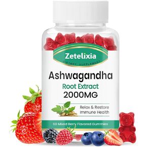 2 Pack Ashwagandha Gummies, Extra Strength Vitamin D3, 2000 mg Organic Ashwa Root Extract Supplement for Calm Mood Relaxation and Immune Support, Mixed Berry Vegan Chews 120 Count