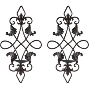 Metal Candle Sconces Wall Decor, 16" H Set of 2 Openwork Scroll and Fleur-de-lis Wall Candle Holders, Bronze