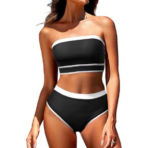 Yonique Bandeau Bikini Women's High Waisted Swimsuit Two Piece Strapless Bathing Suits