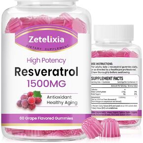 Sugar Free Resveratrol Gummies 1500mg - High Purity Resveratrol Supplement for Antioxidant, Healthy Aging, Skin, Brain, Organic - 60 Gummies
