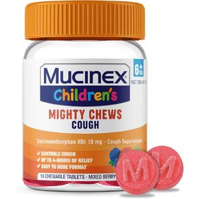Mucinex Children's Mighty Chews Kids Cough Medicine, Easy to Dose Cough Suppressant for Kids with Dextromethorphan, Kids Travel Medicine for Cough, Mixed Berry Flavor, 16 Medicated Chewable Tablets