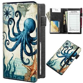 Server Books for Waitress 5 X 9 Inch,BFDHGQZC PU Leather Waiter Books with Zipper and Check Book Holder Money Pocket Personal Organizer Wallet Fit Server Aprons,Octopus