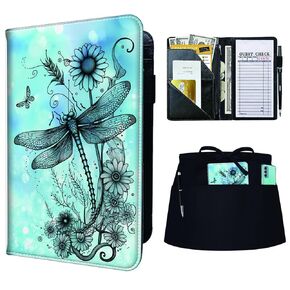 Rossy Server Book + Apron, Waitress Books Booklet Wallet Waiter Book with Zipper Pocket PU Leather Cute Serving Books with Black Waist Apron for Servers Waiters,Retro Audio Cassette