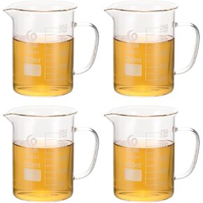 PATIKIL 250ml Glass Beakers, 4Pcs Beakers 3.3 Borosilicate Glass Beakers Graduated Measuring Cup with Spout for Lab Experiments, Cooking and Baking, Clear