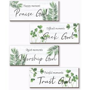 ONIZHITY 4 Pcs Green Bathroom Decor Religious Farmhouse Wall Art Inspirational Bible Verse Green Leaf Rustic Wooden Christian Sign for Home Bathroom Office Bedroom Living Room Kitchen(Green 10x4)