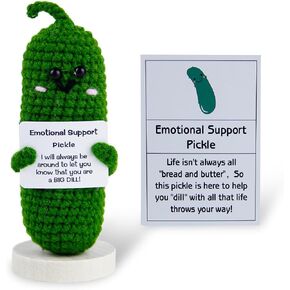 Emotional Support Pickle Cucumber, 4.72 Inch Crochet Pickle Doll with Positive Card Handmade Inspirational Cucumber Knitted Cucumber Toy with Wooden Base for Gift Friends Party Decorations in Saudi Arabia