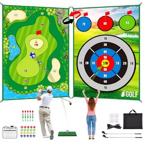 Golf Chipping & Dart Game Mat Set with Two Golf Club, 6Ft x 4Ft Double-Sided Golf Training Mat with 20 Sticky Balls and 10 Darts, Golf Hitting Mats Set Indoor Outdoor Game for Adults Kids Men