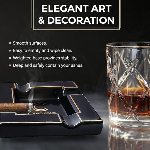 Cigar Ashtrays - Black Onyx Ceramic Ash Tray with Multiple Large Rests for Cigar or Cigarette - Functional Decor for Indoor & Outdoor Use - Luxury Cigar Ashtray Accessory for Men and Women Enthusiasts in Kuwait