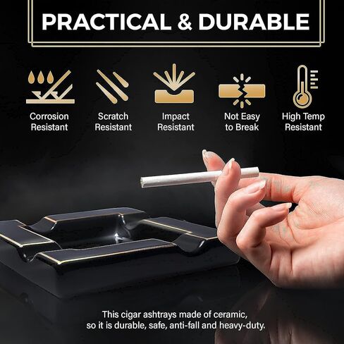 Cigar Ashtrays - Black Onyx Ceramic Ash Tray with Multiple Large Rests for Cigar or Cigarette - Functional Decor for Indoor & Outdoor Use - Luxury Cigar Ashtray Accessory for Men and Women Enthusiasts in Kuwait