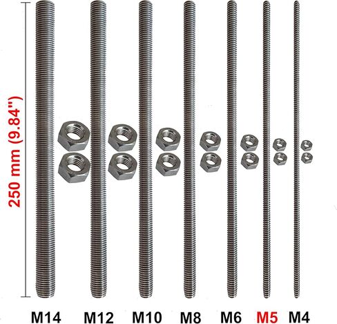 2 قطعة M5 × 9.84 بوصة طول 250 مم قضبان ومسامير ملولبة بالكامل مع صواميل سداسية، 304 مسمار وقضيب من الفولاذ المقاوم للصدأ، خيوط اليد اليمنى in Kuwait