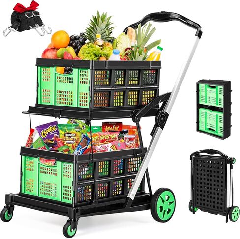200lbs 30x18'' Foldable Shopping Cart, Multi Use Functional Collapsible Carts with 2 Storage Crates, Mobile Folding Trolley for Groceries, Luggage, Travel, House in Saudi Arabia