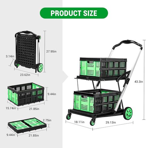 200lbs 30x18'' Foldable Shopping Cart, Multi Use Functional Collapsible Carts with 2 Storage Crates, Mobile Folding Trolley for Groceries, Luggage, Travel, House in Saudi Arabia