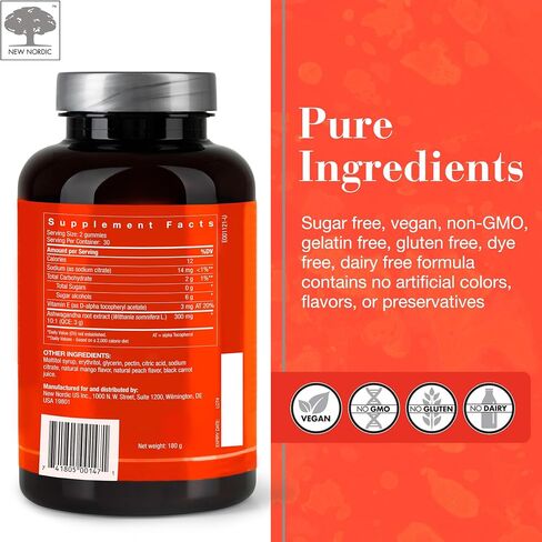 NEW NORDIC Ashwagandha Gummies | 300 mg Ashwagandha Root Extract | Sugar Free | Adaptogens for Men and Women | Delicious Mango Peach | 60 Gummies in Saudi Arabia
