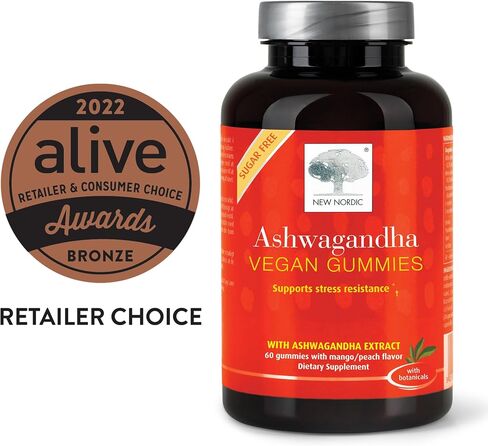 NEW NORDIC Ashwagandha Gummies | 300 mg Ashwagandha Root Extract | Sugar Free | Adaptogens for Men and Women | Delicious Mango Peach | 60 Gummies in Saudi Arabia