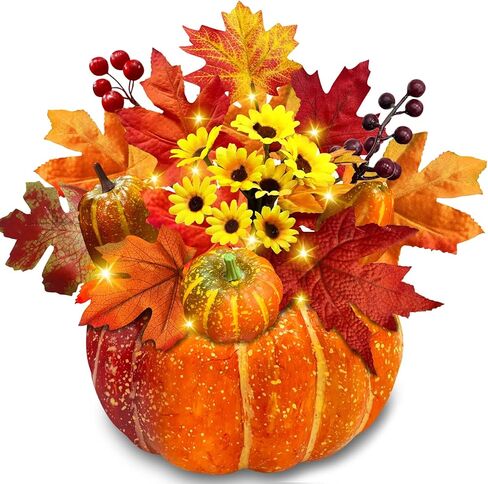 [Timer] 8 Inch Prelit Pumpkin Fall Decorations Dual Color 10 LED 8 Sunflowers 10 Styles Maple Leaves 6 Artificial Pumpkins Battery Operated Thanksgiving Halloween Decor Home Indoor Table(Orange Red) in Saudi Arabia