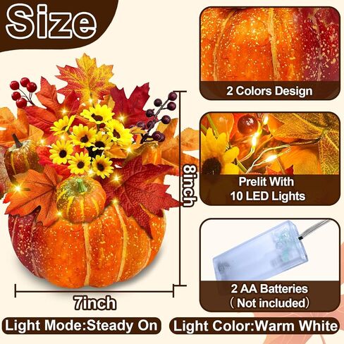 [Timer] 8 Inch Prelit Pumpkin Fall Decorations Dual Color 10 LED 8 Sunflowers 10 Styles Maple Leaves 6 Artificial Pumpkins Battery Operated Thanksgiving Halloween Decor Home Indoor Table(Orange Red) in Saudi Arabia