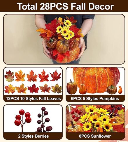 [Timer] 8 Inch Prelit Pumpkin Fall Decorations Dual Color 10 LED 8 Sunflowers 10 Styles Maple Leaves 6 Artificial Pumpkins Battery Operated Thanksgiving Halloween Decor Home Indoor Table(Orange Red) in Saudi Arabia