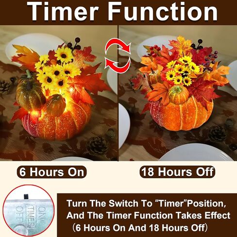 [Timer] 8 Inch Prelit Pumpkin Fall Decorations Dual Color 10 LED 8 Sunflowers 10 Styles Maple Leaves 6 Artificial Pumpkins Battery Operated Thanksgiving Halloween Decor Home Indoor Table(Orange Red) in Saudi Arabia