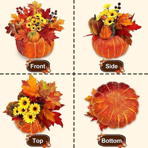 [Timer] 8 Inch Prelit Pumpkin Fall Decorations Dual Color 10 LED 8 Sunflowers 10 Styles Maple Leaves 6 Artificial Pumpkins Battery Operated Thanksgiving Halloween Decor Home Indoor Table(Orange Red) in Saudi Arabia