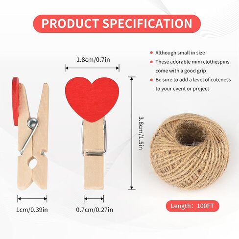 jijAcraft 100Pcs Clothespins with String, 1.4 inch Heavy-Duty Wooden Clothes Pins with Color Heart, Mini Photo Clips for Hanging Clip Photos, Clothes, Crafts, Arts Outdoor and Indoor in Saudi Arabia