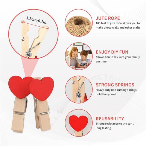 jijAcraft 100Pcs Clothespins with String, 1.4 inch Heavy-Duty Wooden Clothes Pins with Color Heart, Mini Photo Clips for Hanging Clip Photos, Clothes, Crafts, Arts Outdoor and Indoor in Saudi Arabia