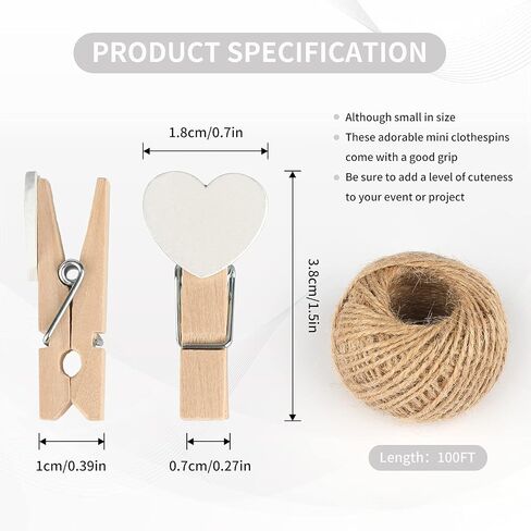 jijAcraft 100Pcs Clothespins with String, 1.4 inch Heavy-Duty Wooden Clothes Pins with Color Heart, Mini Photo Clips for Hanging Clip Photos, Clothes, Crafts, Arts Outdoor and Indoor in Saudi Arabia
