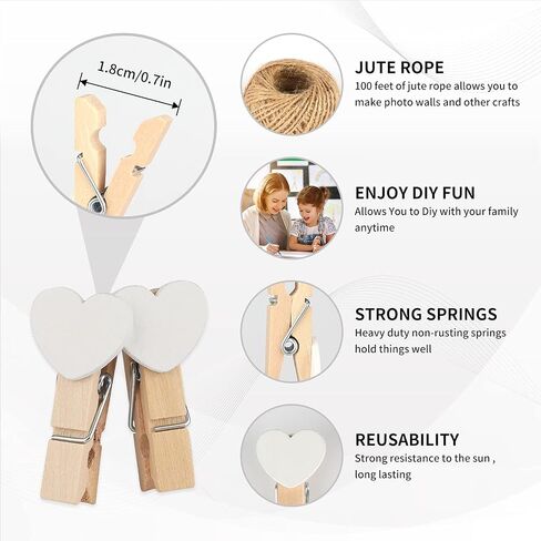 jijAcraft 100Pcs Clothespins with String, 1.4 inch Heavy-Duty Wooden Clothes Pins with Color Heart, Mini Photo Clips for Hanging Clip Photos, Clothes, Crafts, Arts Outdoor and Indoor in Saudi Arabia