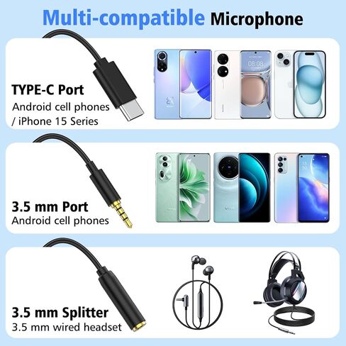 2-in-1 Mini Microphone for Android, iPhone 15, Laptop and PC, Portable Mini Mic for Vlogging, Karaoke, Video Recording with USB C & 3.5mm Jack in Saudi Arabia