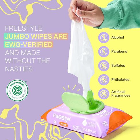 Freestyle Soft Jumbo Baby Wipes - Hypoallergenic and Unscented - Water-Based Wet Wipes for Babies - Finely Suited for Sensitive Skin – Thick & Oversized – Pack of 12, 72 Wipes Per Pack in Saudi Arabia