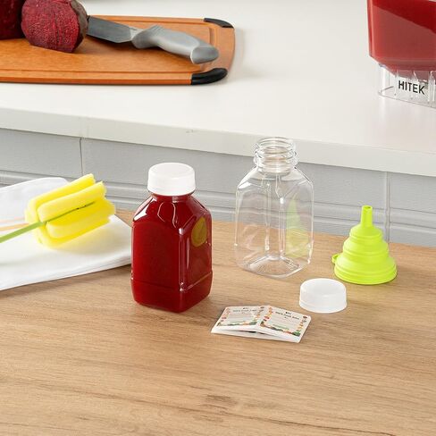 Restaurantware-Bottle Tek 12 Ounce Juice Bottle For Juicing, 1 Bottle With Cap - Includes Label, Lid, Brush, And Funnel, Clear Plastic Empty Juice Container, For Smoothies, Milk, Or Water in Saudi Arabia