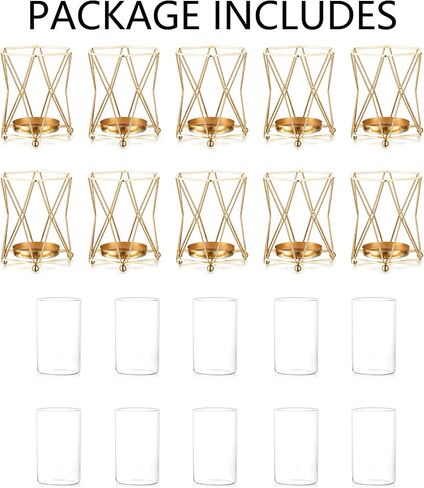 Nuptio Glass Vases for Flowers with Geometric Metal Rack Stand, Gold Candle Holders for Pillar Candles, 6.69in Tall Hurricane Candle Holder Centerpiece for Home Office Living Room Wedding Decor in Saudi Arabia