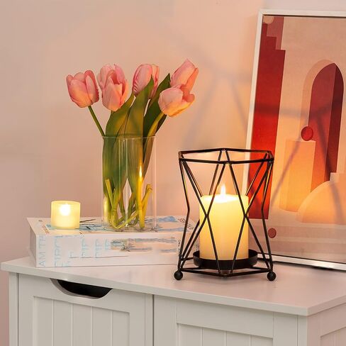 Nuptio Glass Vases for Flowers with Geometric Metal Rack Stand, Gold Candle Holders for Pillar Candles, 6.69in Tall Hurricane Candle Holder Centerpiece for Home Office Living Room Wedding Decor in Saudi Arabia