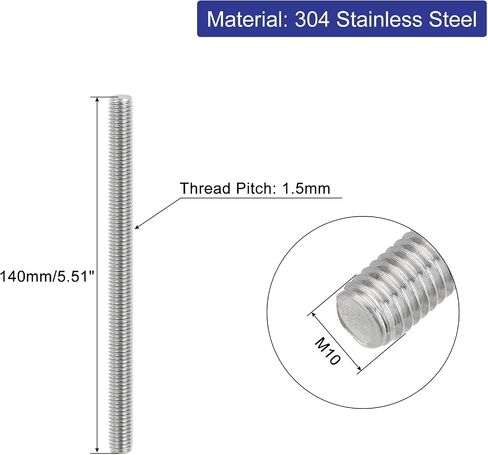 uxcell Fully Threaded Rod, M10 x 140mm 304 Stainless Steel Right Hand Thread Bar Studs M10-1.5 Thread Pitch for Furniture Machinery Assembly in Saudi Arabia