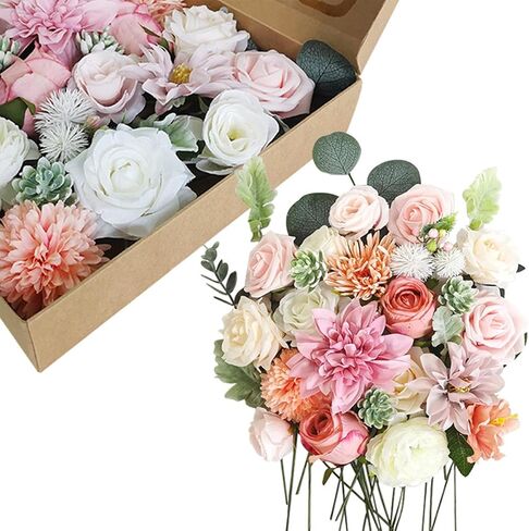 Artificial Flowers White Champagne Rose for Wedding Home Indoor Decorations, Fake Rose Combo Box with Stems for DIY Party Table Centerpiece Bridal Bouquet Decor in Saudi Arabia