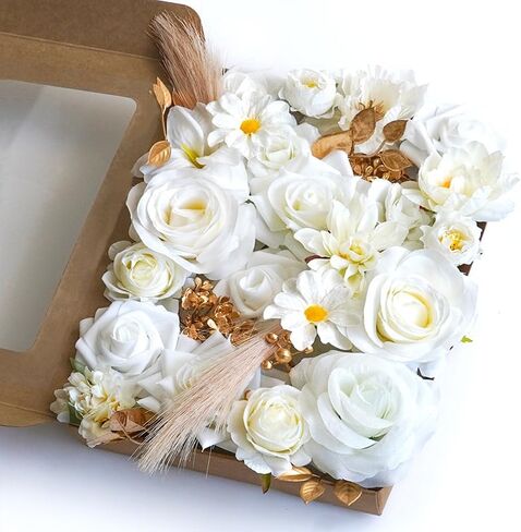 Artificial Flowers White Champagne Rose for Wedding Home Indoor Decorations, Fake Rose Combo Box with Stems for DIY Party Table Centerpiece Bridal Bouquet Decor in Saudi Arabia