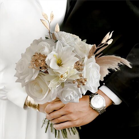 Artificial Flowers White Champagne Rose for Wedding Home Indoor Decorations, Fake Rose Combo Box with Stems for DIY Party Table Centerpiece Bridal Bouquet Decor in Saudi Arabia
