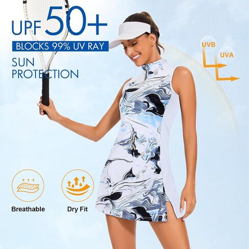 فساتين جولف Viracy Tennis Dress للنساء مع شورت وجيوب بدون أكمام وسحاب وياقة واقفة، فستان رياضي خفيف الوزن in Saudi Arabia