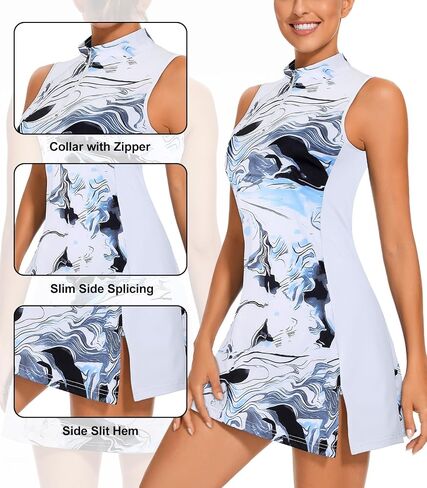 فساتين جولف Viracy Tennis Dress للنساء مع شورت وجيوب بدون أكمام وسحاب وياقة واقفة، فستان رياضي خفيف الوزن in Saudi Arabia