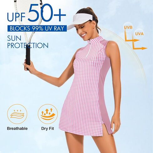 فساتين جولف Viracy Tennis Dress للنساء مع شورت وجيوب بدون أكمام وسحاب وياقة واقفة، فستان رياضي خفيف الوزن in Saudi Arabia