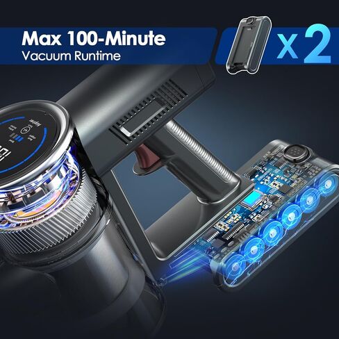 مكنسة كهربائية لاسلكية، مكنسة كهربائية بقدرة 450 وات 35 كيلو باسكال مع شاشة تعمل باللمس، مكنسة كهربائية لاسلكية خفيفة الوزن مع بطاريتين، مكنسة كهربائية مضادة للتشابك للمنزل، للسجاد، الأرضيات الصلبة، شعر الحيوانات الأليفة in Kuwait