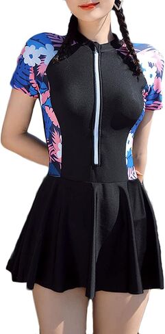 Girls' One Piece Floral Skirted Swimsuit Zipper Front Short Sleeve Rash Guard Swim Dress for Teenagers in Saudi Arabia