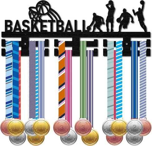CREATCABIN Wooden Basketball Medal Hanger Display Medal Holder Sport Medal Rack Wall Rack Mounted over 30 Medals Awards Ribbon Stand for Soccer Competition Athletes Medalist Black 15.7x5.9Inch in Saudi Arabia