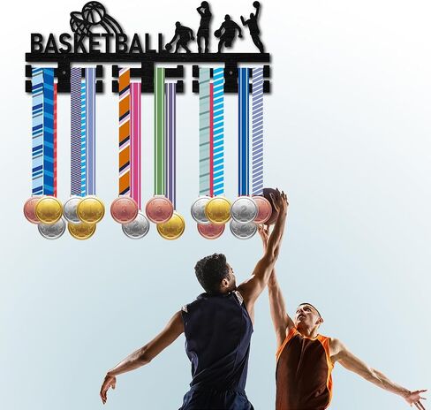 CREATCABIN Wooden Basketball Medal Hanger Display Medal Holder Sport Medal Rack Wall Rack Mounted over 30 Medals Awards Ribbon Stand for Soccer Competition Athletes Medalist Black 15.7x5.9Inch in Saudi Arabia
