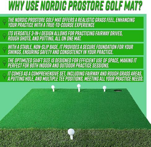 بساط جولف Nordic ProStore - 3 في 1 داخلي لتدريب الجولف في الهواء الطلق مع ملمس عشبي حقيقي، قاعدة غير قابلة للانزلاق، 9 مواضع قمزة، ممر/خشن وفتحة وضع - مجموعة تدريب شاملة على سجادات الجولف مقاس 5 × 4 أقدام in Saudi Arabia