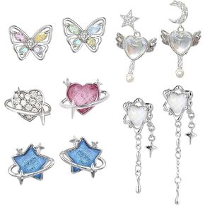 5 Pairs Y2k Earrings Pink Heart Earrings for Women Silver Earring Set Cute Space Star Stud Earrings Y2k Accessories